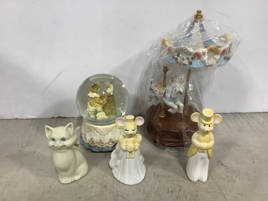 Music box carousel, snowglobe, and decorative statues(tallest 10in.)
