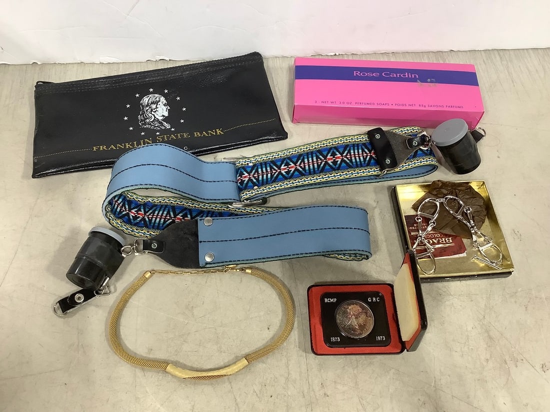Franklin State bank money bag, Canadian coin, Rose Cardin perfumed soaps, and more (1 of 1)