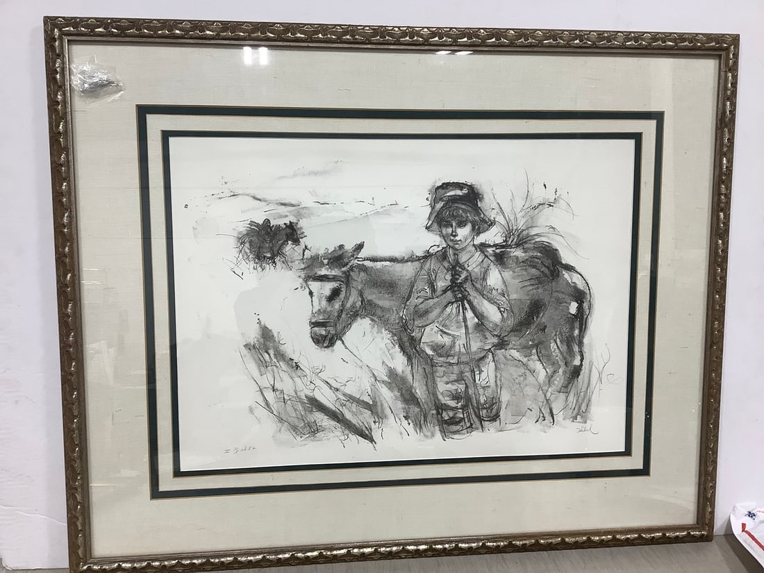 Framed Boy with Donkey lithographic print by Edna Hibel(31in.x39in.): Framed Boy with Donkey lithographic print by Edna Hibel(31in.x39in.)