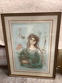 Framed Babs with Flowers lithographic print by Edna Hibel(32.5in.x42in.)