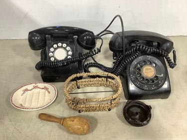 Vintage telephones, small bowl, wooden maraca,and more