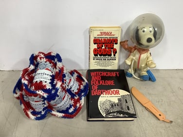 Vintage Snoopy astronaut doll, Budweiser crochet hat, and more