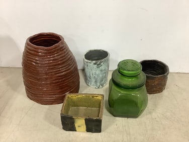 Pottery vase, glass jar with lid, and more(tallest 7.5in.)