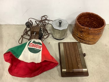 Pottery vase(5in.tall), coin sorter, Castrol motor oil hat, and more