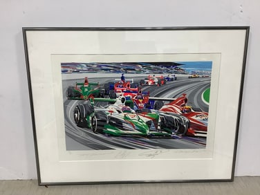 Framed Indy car artwork signed by drivers(20.5in.x26.5in.)