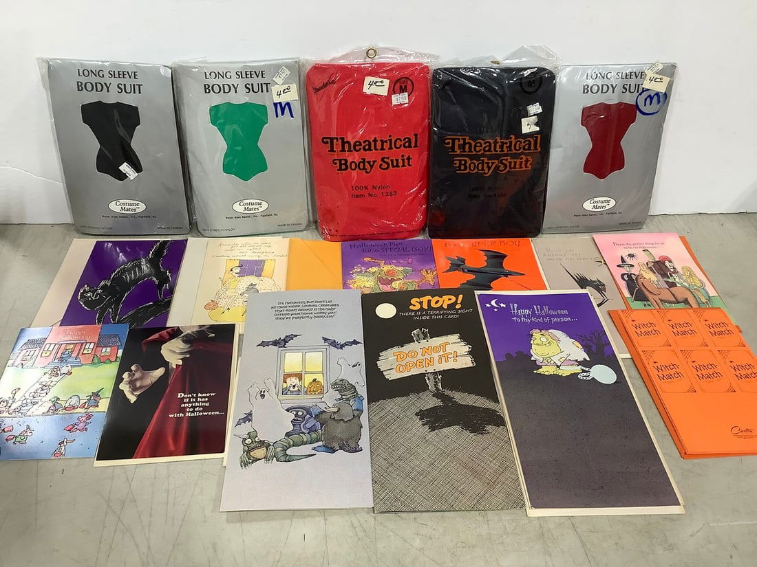 Theatrical bodysuits(new in package) and vintage Halloween cards: Theatrical bodysuits(new in package) and vintage Halloween cards
