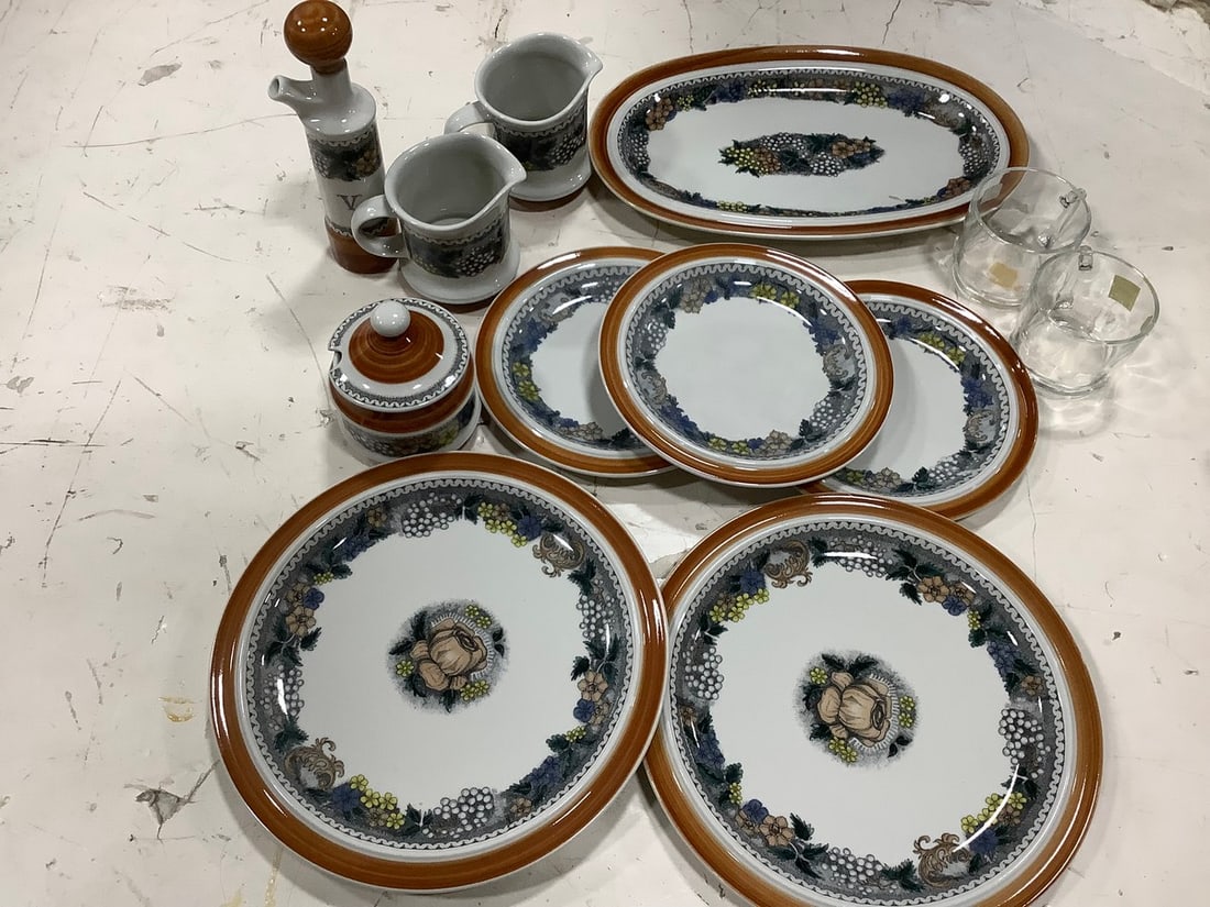 Goebel set(plates, pitchers, etc.) and Arcoroc drinking glasses(tallest 8in.)