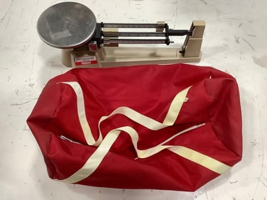 Ohaus triple beam balance scale and vintage bag