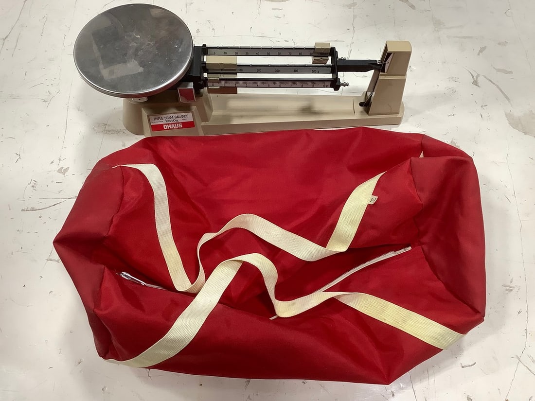 Ohaus triple beam balance scale and vintage bag (1 of 1)