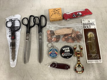 Barrel bolt, scissors, EPCOT center keychain, and more