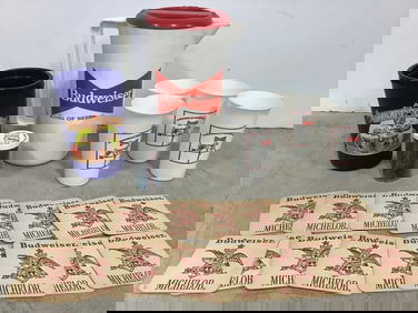 Budweiser Pitcher with Cups (9.75in), Camel Cup, Budweiser Coasters, and more