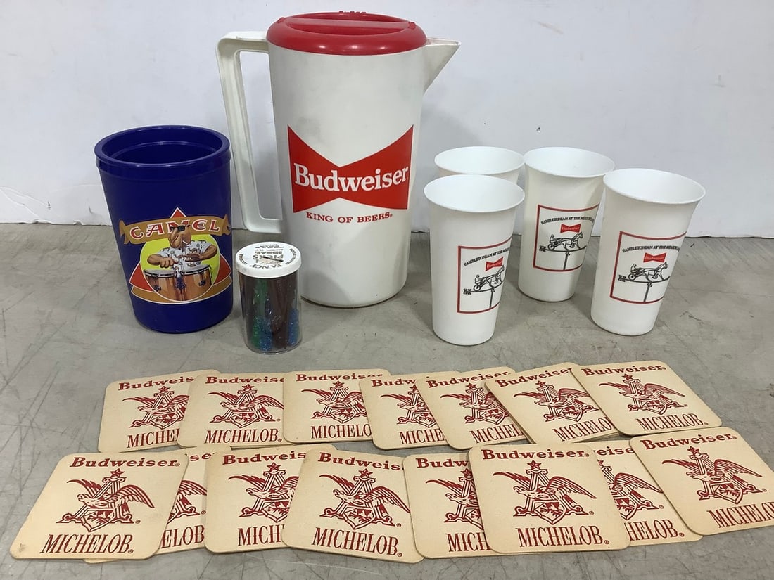 Budweiser Pitcher with Cups (9.75in), Camel Cup, Budweiser Coasters, and more: Budweiser Pitcher with Cups (9.75in), Camel Cup, Budweiser Coasters, and more
