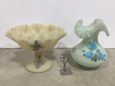 Fenton Glass Bowls and miniature Pewter statue(Tallest - 7in.)
