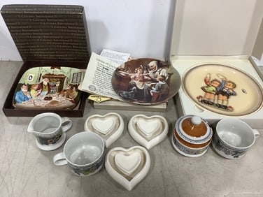 Collectible plates(Royal Doulton, Goebel, Knowles) and Goebel cups, pitcher, and more-tallest 5in.