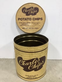 Vintage Charles Potato Chips Tin Container (13.5inx12.5in)