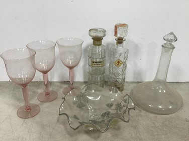 Glass Decanters, Silver Rim Glass Bowl, and more (Tallest - 12.5in)