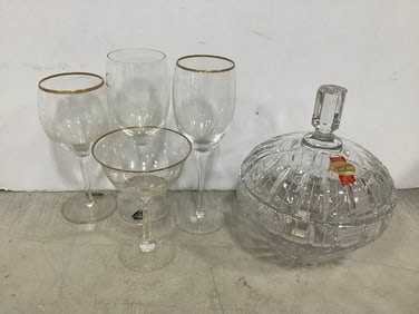Anna Hutte Crystal Bowl, and Glass Cups (tallest 8.25in.)
