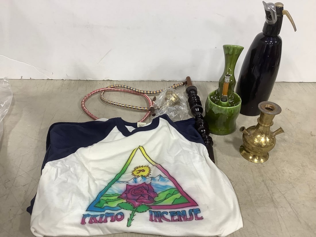 Vintage Soda Syphon, 1960s Bongs, 1960s Primo Incense Concert Tshirt (Size: XL), and more (1 of 1)