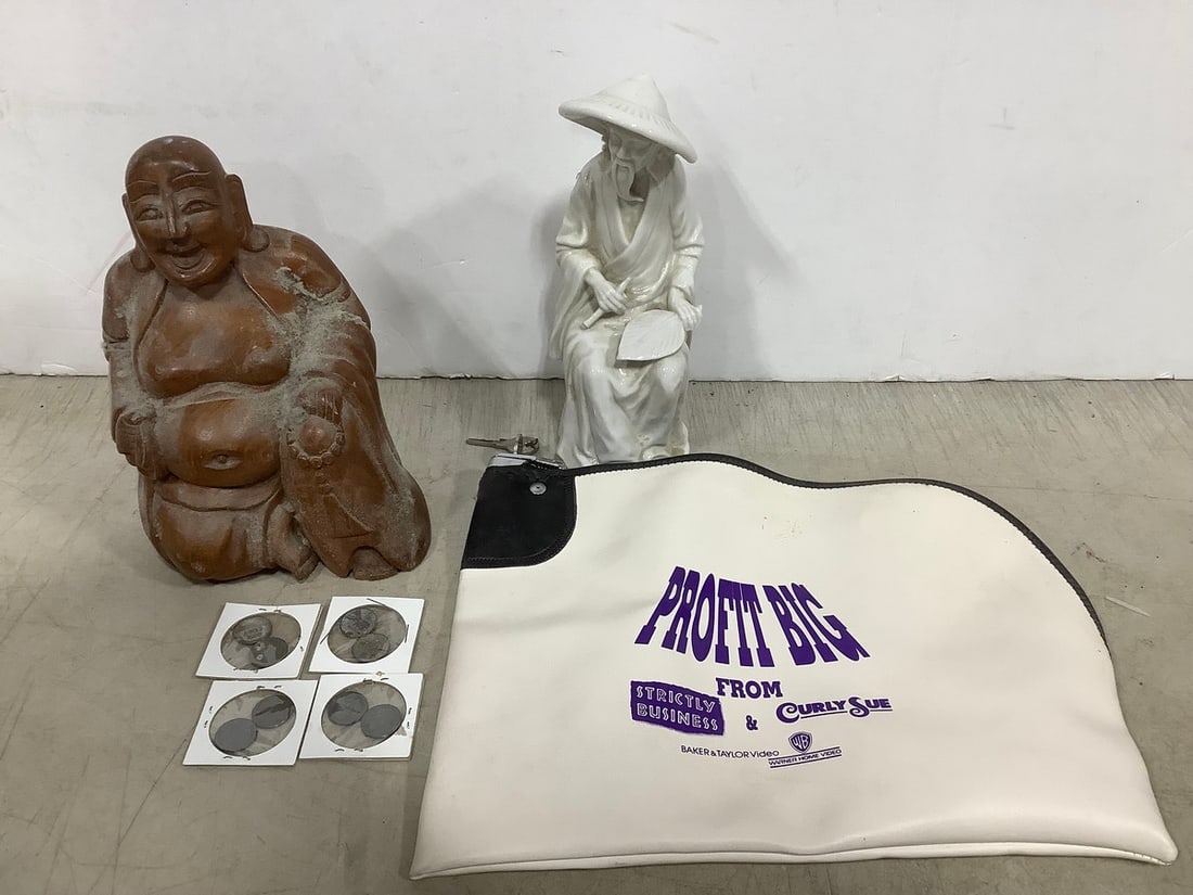 Buddha Statue, Ceramic Oriental Figure (9.5in Tall), Coins, and more (1 of 1)