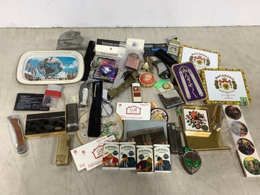 Various Lighters, Pocket Knives, Pins, and more