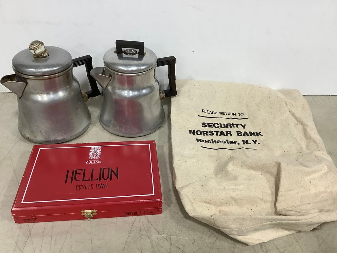 Coffee Pots (8in Tall), Security Norstar Bank, and Cigar Box (1 of 1)
