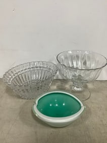 Crystal cut bowl, punch bowl with stand(8in.tall-chipped), and more
