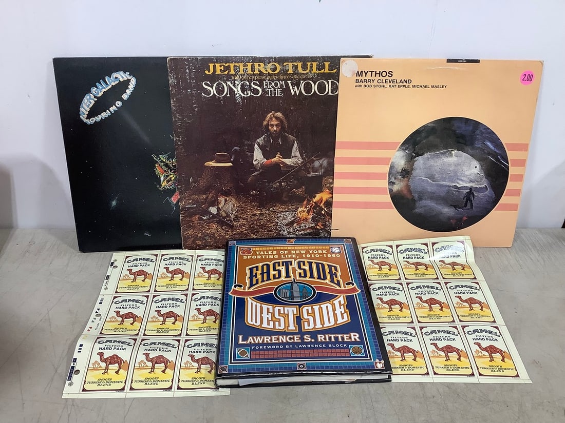 Vintage records, Camel stickers, and Tales of the New York Sporting Life hardcover book (1 of 1)
