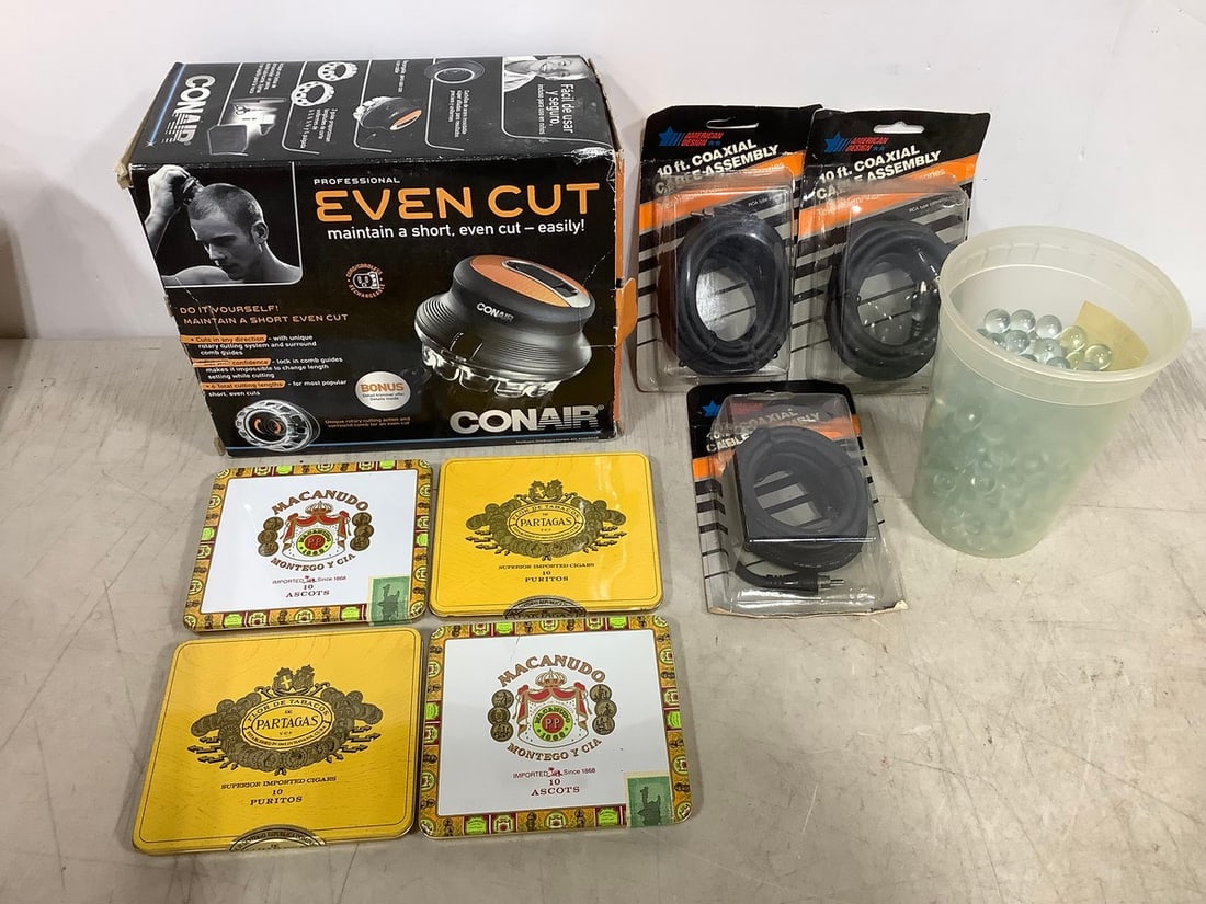 Conair Even Cut mens trimmer, 10ft. coaxial cable assembly(3 total), cigar tins, and more (1 of 1)