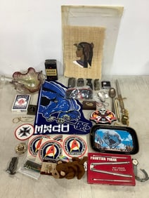 Tin bank, mortar and pestle set, vintage lighters, and more