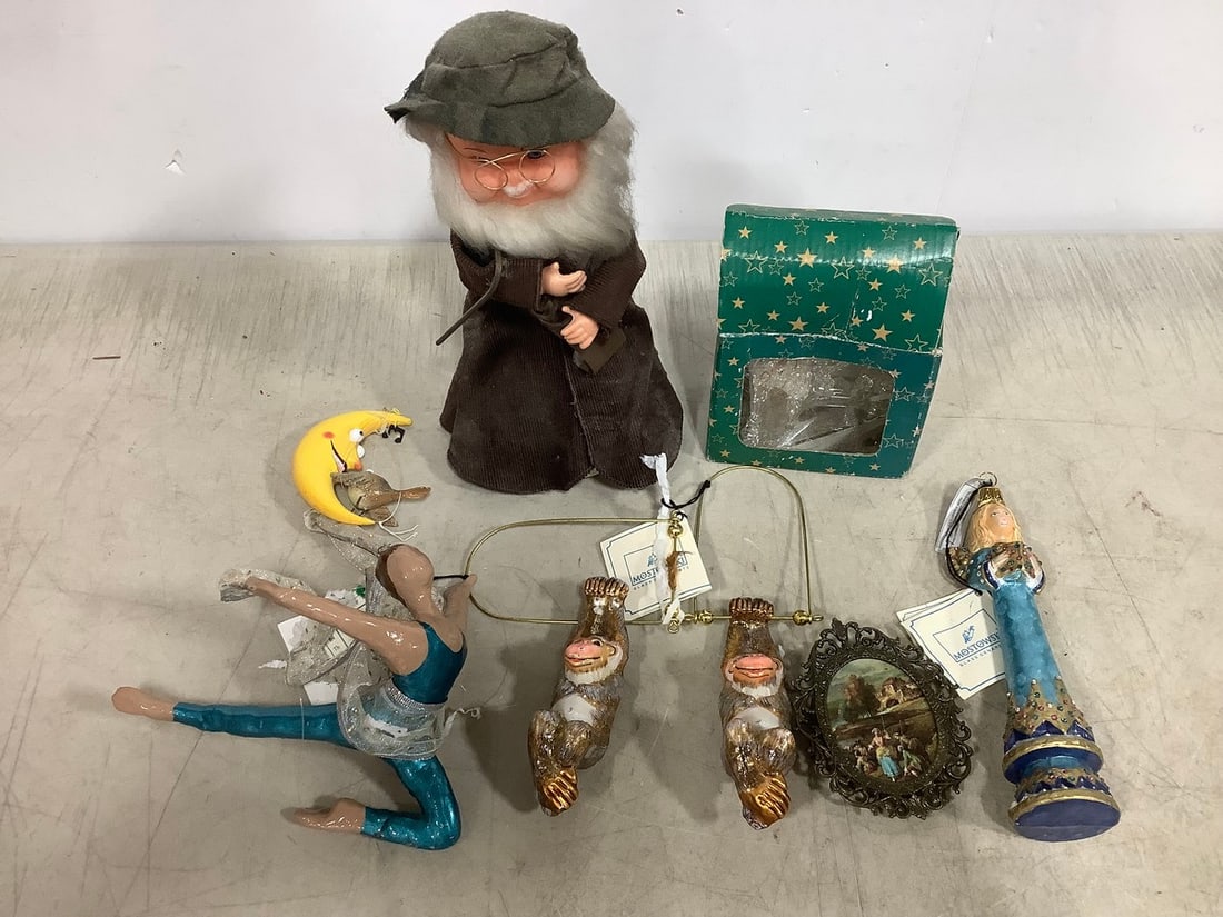 Vintage Christmas ornaments and musical figure(9.5in.tall): Vintage Christmas ornaments and musical figure(9.5in.tall)
