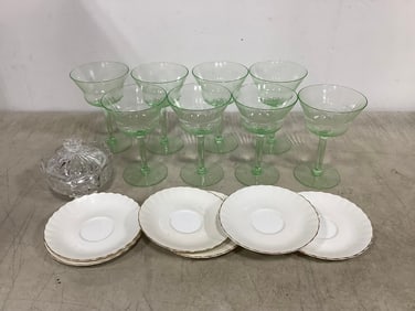 Green glass drinking glasses(5.5in.tall), crystal cut bowl with lid, and Royal Albert plates