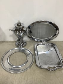 Royal Rochester serving tray, Lehman Brothers silverware corp. Kromaster dispenser(14in.tall), and