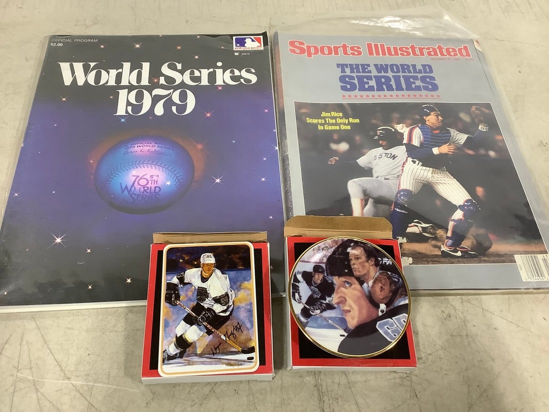 Ceramic Wayne Gretzsky card/plate and sports magazines: Ceramic Wayne Gretzsky card/plate and sports magazines