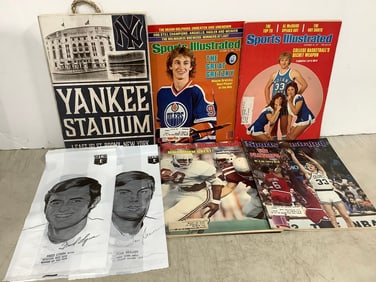 Sports Illustrated magazines, Tom Seaver and Fred Lynn plastic bags, and Yankee Stadium wall