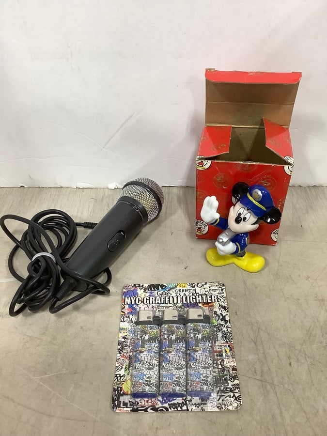 Enesco Mickey ceramic(4.25in.tall), NYC graffiti lighters(new in pack), and Emerson microphone: Enesco Mickey ceramic(4.25in.tall), NYC graffiti lighters(new in pack), and Emerson microphone