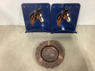 1982 World's Fair ashtray and blue metal horse reign holder