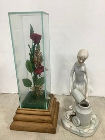 Prserved roses in case(12in.tall) nd ceramic statue