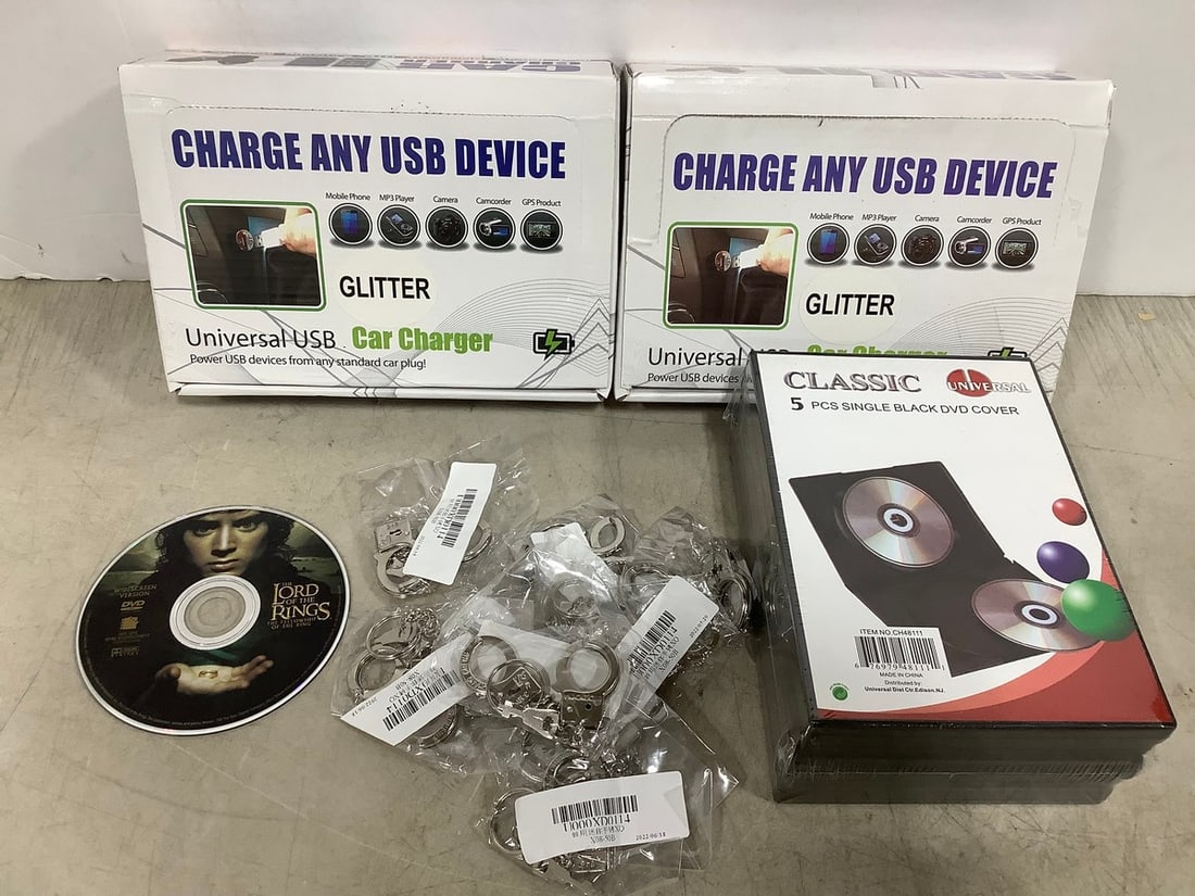 Universal USB car chargers, 5pc. DVD cover set, handcuff keychains, and more (1 of 1)