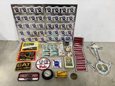 Blue Ribbon stickers, vintage stamps, Bushkill Falls thermostat/compass decor, and more