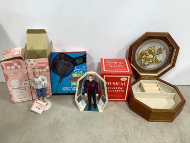Musical revolving telephone, musical whiskey pourer, Enesco Growing up Girls statue(in.tall), and