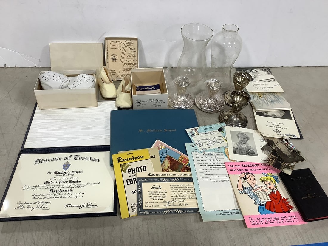 Vintage Candle Holders, Baby Shoes, Glass Shades (6.5in Tall), and more