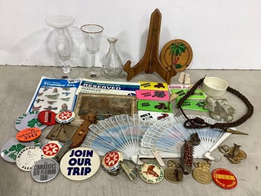 Glass Candle Holder (7.5in Tall), Goblet, Room Plates, Various Pins, Hand Fans *slight damage,* and