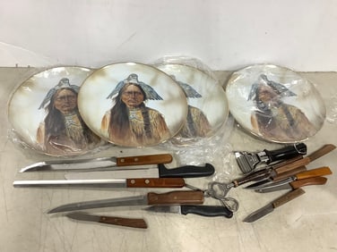 1979 'Chief Sitting Bull' Ceramic Plate by Gregory Perillo, and Kitchen Utencils