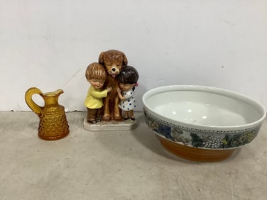 Gorham Statue (7in Tall), Glass Pitcher, and Ceramic Bowl