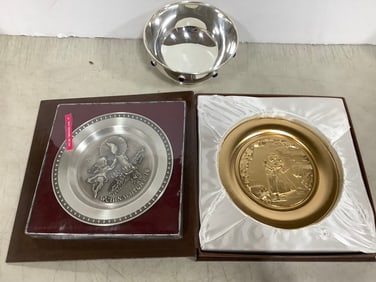 Metal Christmas Plate, Norman Rockwell Metal Plate, and Silver Plated Bowl