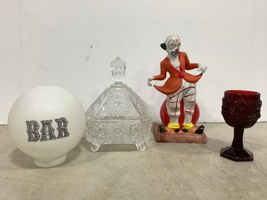 Glass Container, Ceramic Clown Statue, Red Glass Goblet, and more (Tallest - 8.25in)