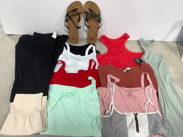 Various Tank Tops, Fabletics Flare Leggings, Bodysuit, Gigi Sandals (size - 8), and more