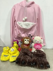 Various Dolls, Pet Pocket Hoodie, Bear Claw Slippers, and Spongebob Slippers