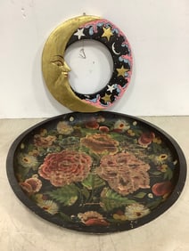 Vintage Handpainted Tray (18in), and Moon Wall Hanging Decor