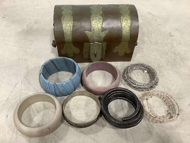 Various Bracelets and Metal Box Organizer (4.25inx7inx4.5in)